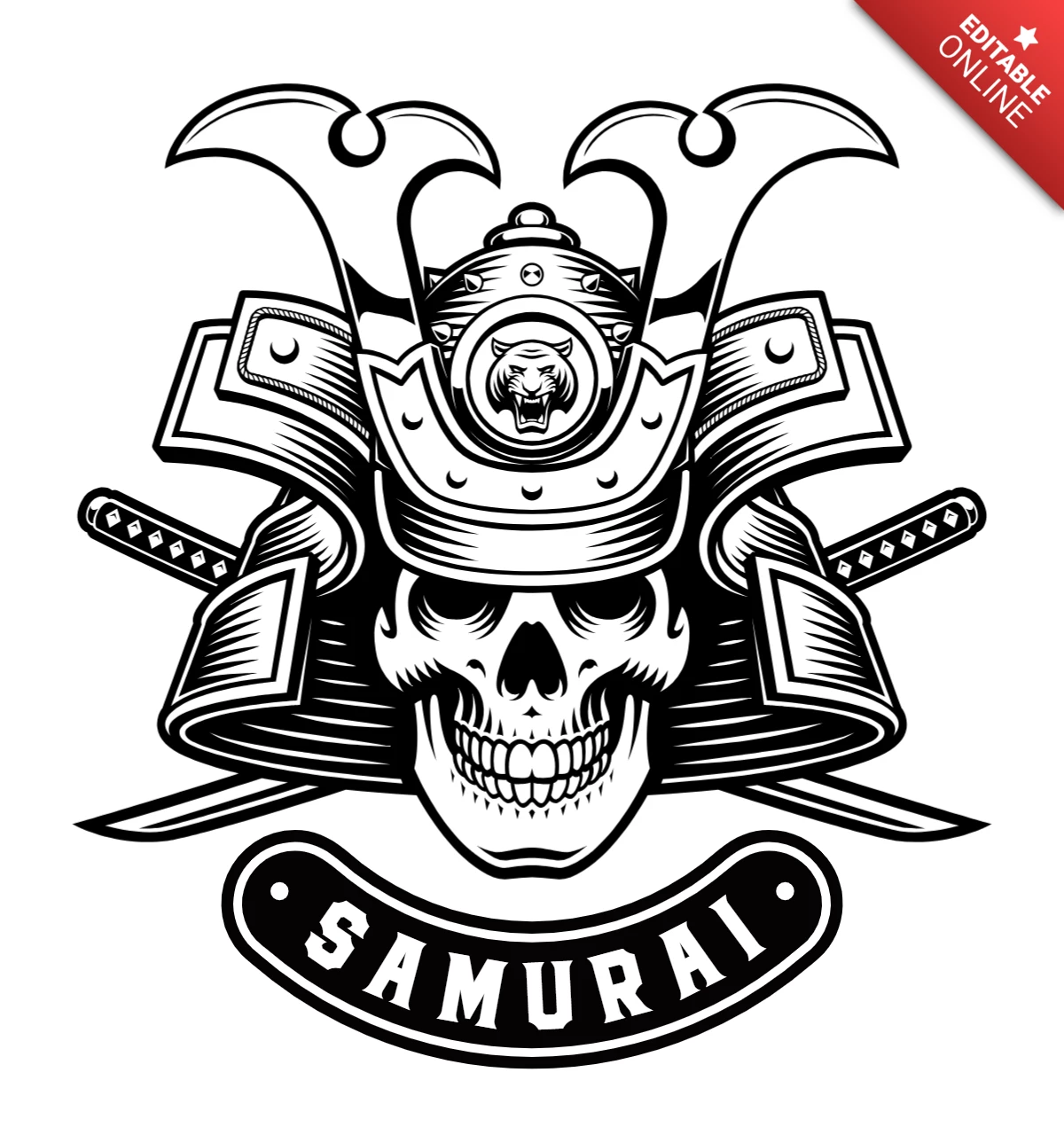 Samurai calavera vintage plantilla de diseño de logotipo
