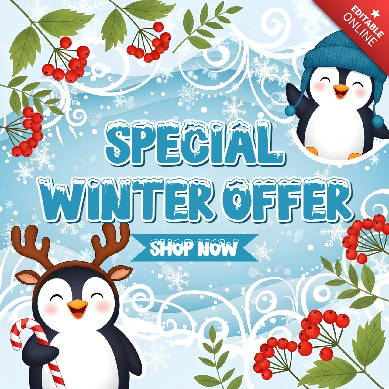 Winterangebot-Designvorlage mit niedlichen Pinguinen für Feiertagsaktionen