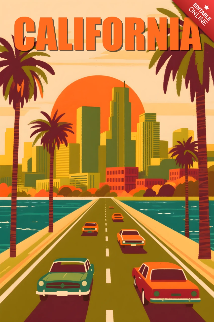 Kalifornisches Retro-Flat-Design-Vorlage für Reiseposter