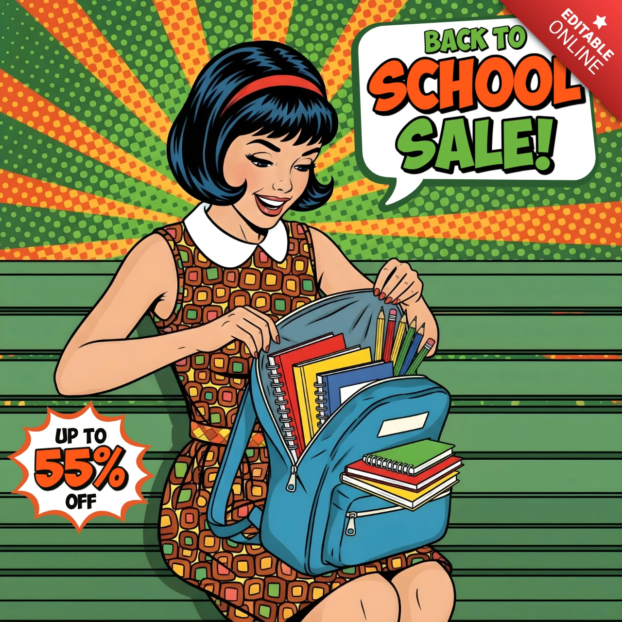 Comic-Pop-Art-Schule lebendiger Schüler auf einer Bank mit Materialien und kühnen Verkaufsgrafiken Banner-Design-Vorlage für Werbeflyer