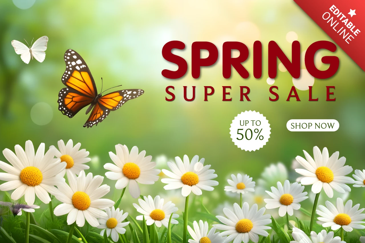 Spring Floral Sale Design Template with Butterflies and Daisies