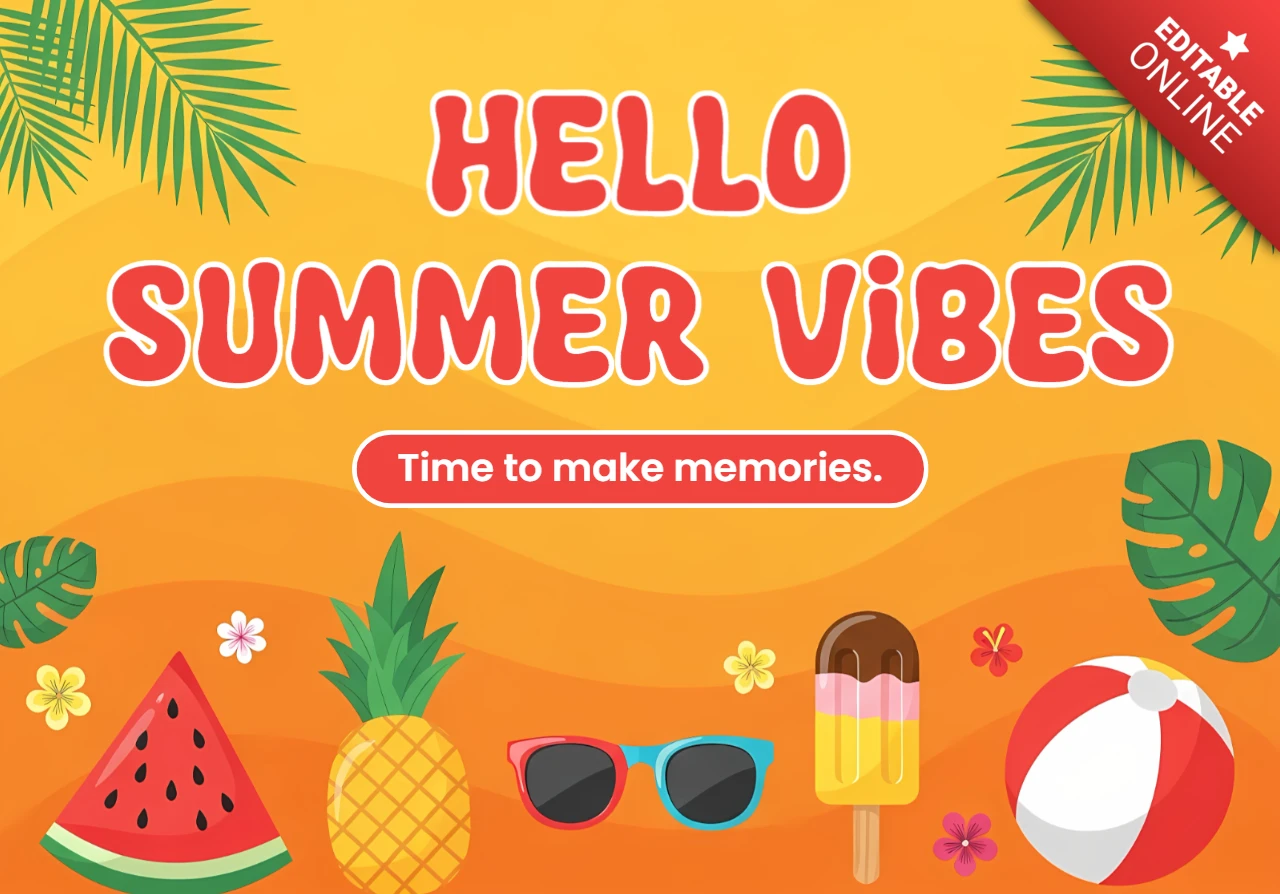 Summer Vibes Greeting Card Template with Tropical Fruits and Beach Accessories