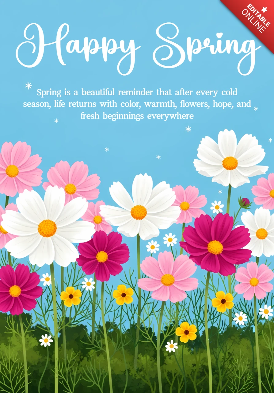 Frühling Blumen-Designvorlage für Grußkarten mit bunten Blumen