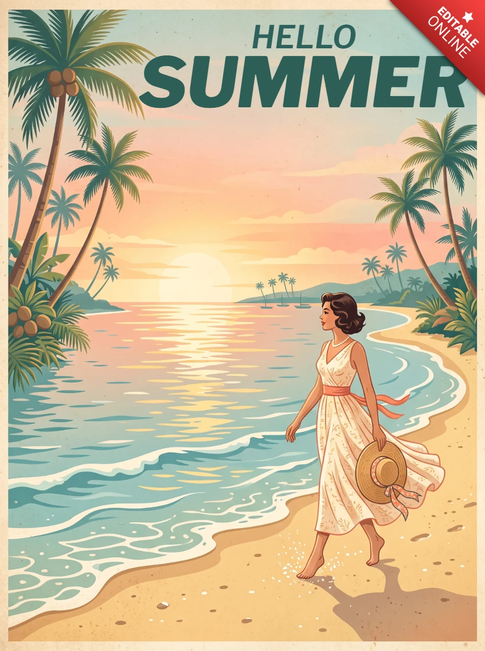 Colorful Retro Summer Vacation Poster Featuring Palm Trees, Sunset Beach Scene, Woman with Hat, Flowing Dress, Ocean Horizon and Sunny Tropical Vibes