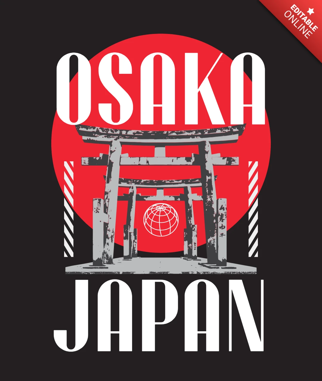 Plantilla de diseño de camiseta urbana con puerta torii de Osaka Japón y sol naciente
