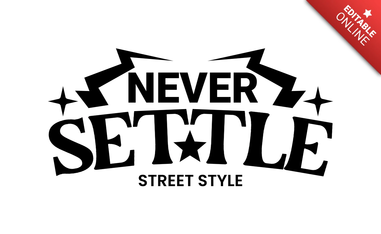 NEVER SETTLE Bold Street Style Graphic with Lightning & Star Accent T-Shirt Design Template