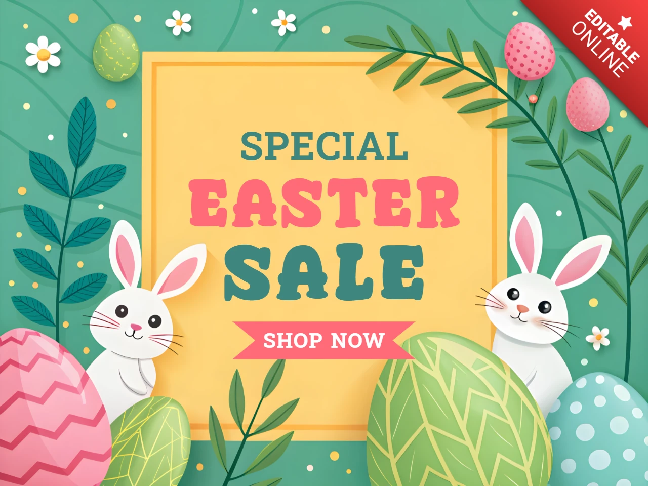 Playful Easter Sale Template Design with Bunnies and Colorful Eggs