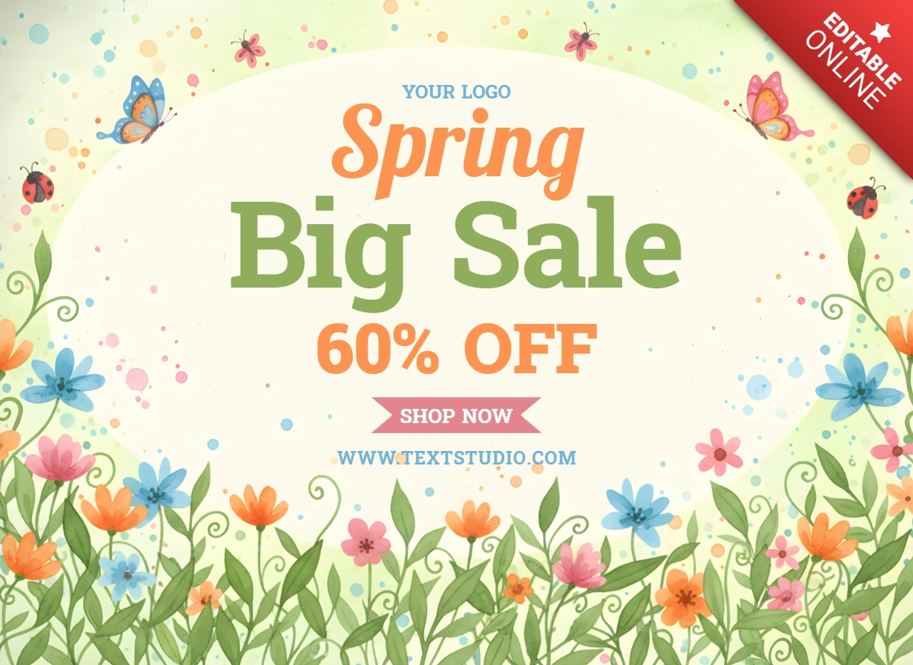Affiche promotionnelle de vente de printemps avec des coins floraux colorés et une typographie festive