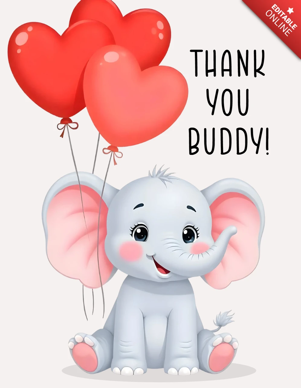 Niedliche Elefant danke Karte Vorlage mit roten Luftballons