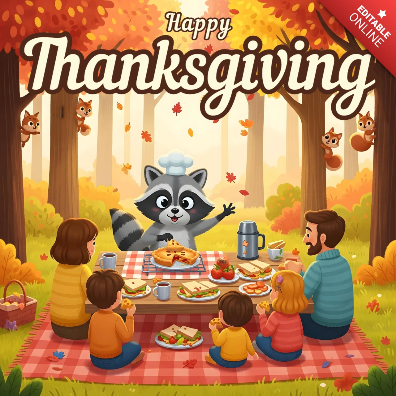 Plantilla de diseño de banner de tarjeta de saludo de acción de gracias con una familia de dibujos animados y un chef mapache compartiendo un picnic en un bosque de otoño.