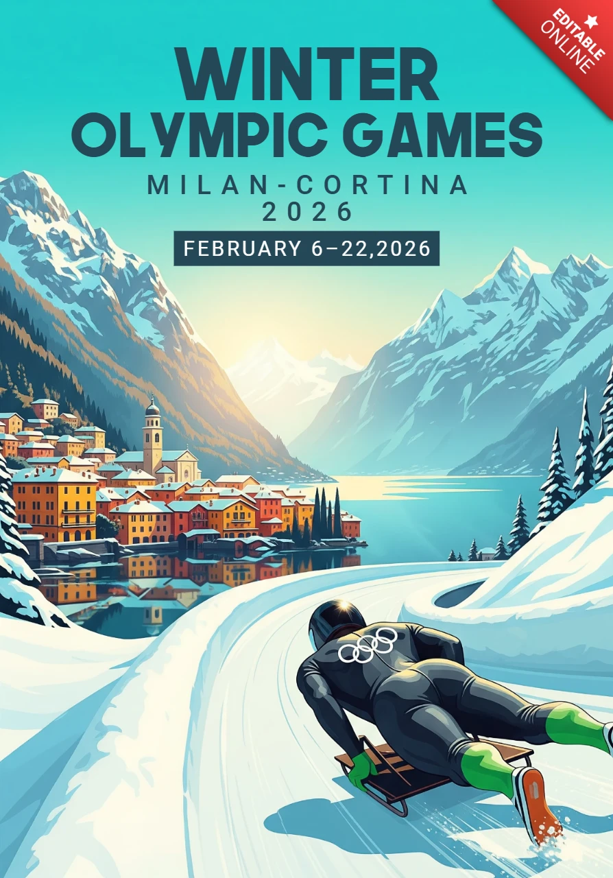 2026年冬季ミラノ・コルティナオリンピックのポスター、リュージュ選手、アルプスの村、ミラノ・コルティナ大会の夕日が沈む山々