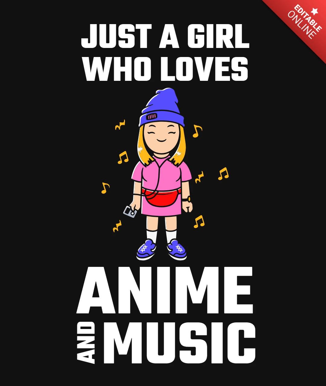 Modèle de t-shirt d'une fille qui aime la musique et l'anime