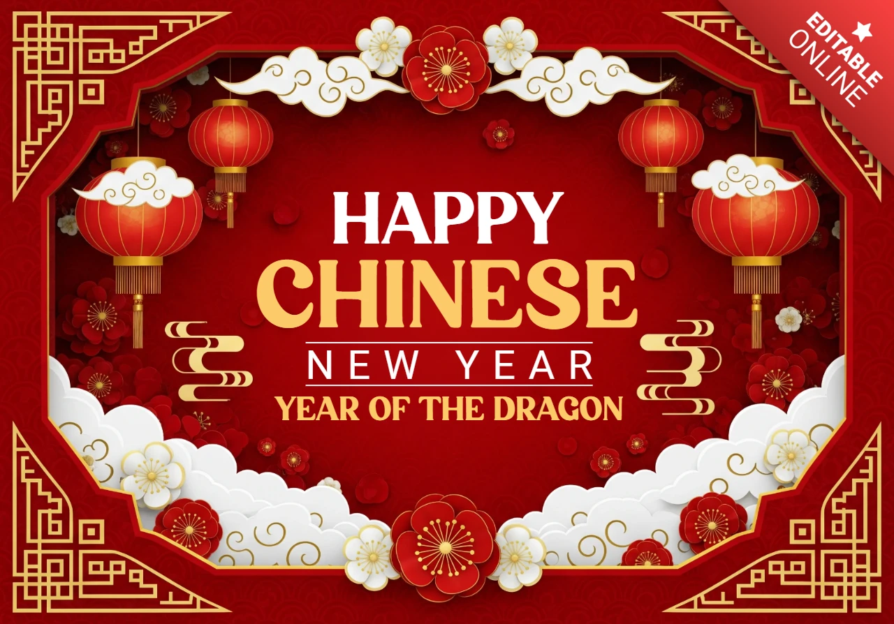 New Year 2026 Greeting Card Lunar Celebration with Gold Accents, Lanterns & Bold Dragon Year Emblem