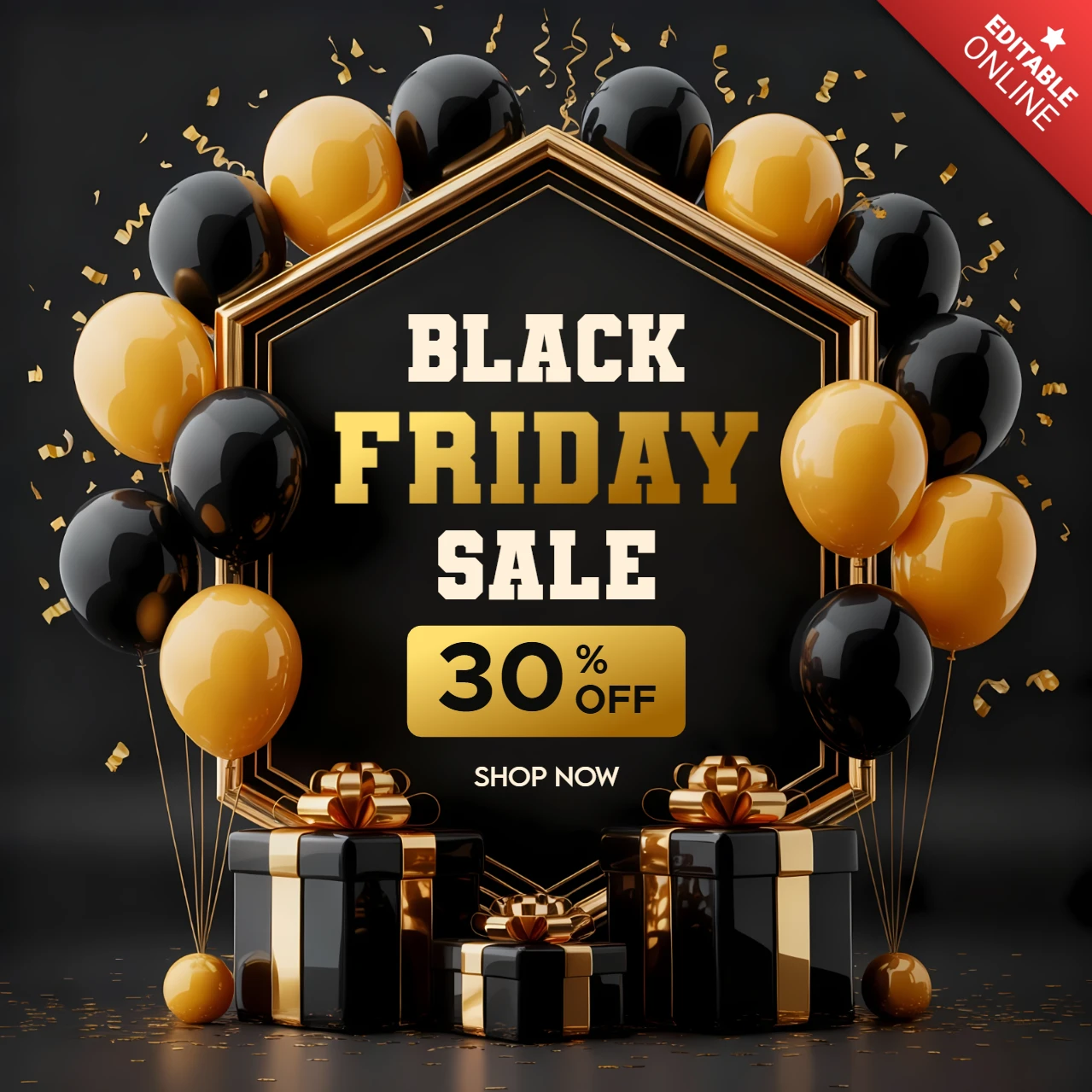 Plantilla de diseño de venta de Black Friday con globos y cajas de regalo para carteles promocionales.