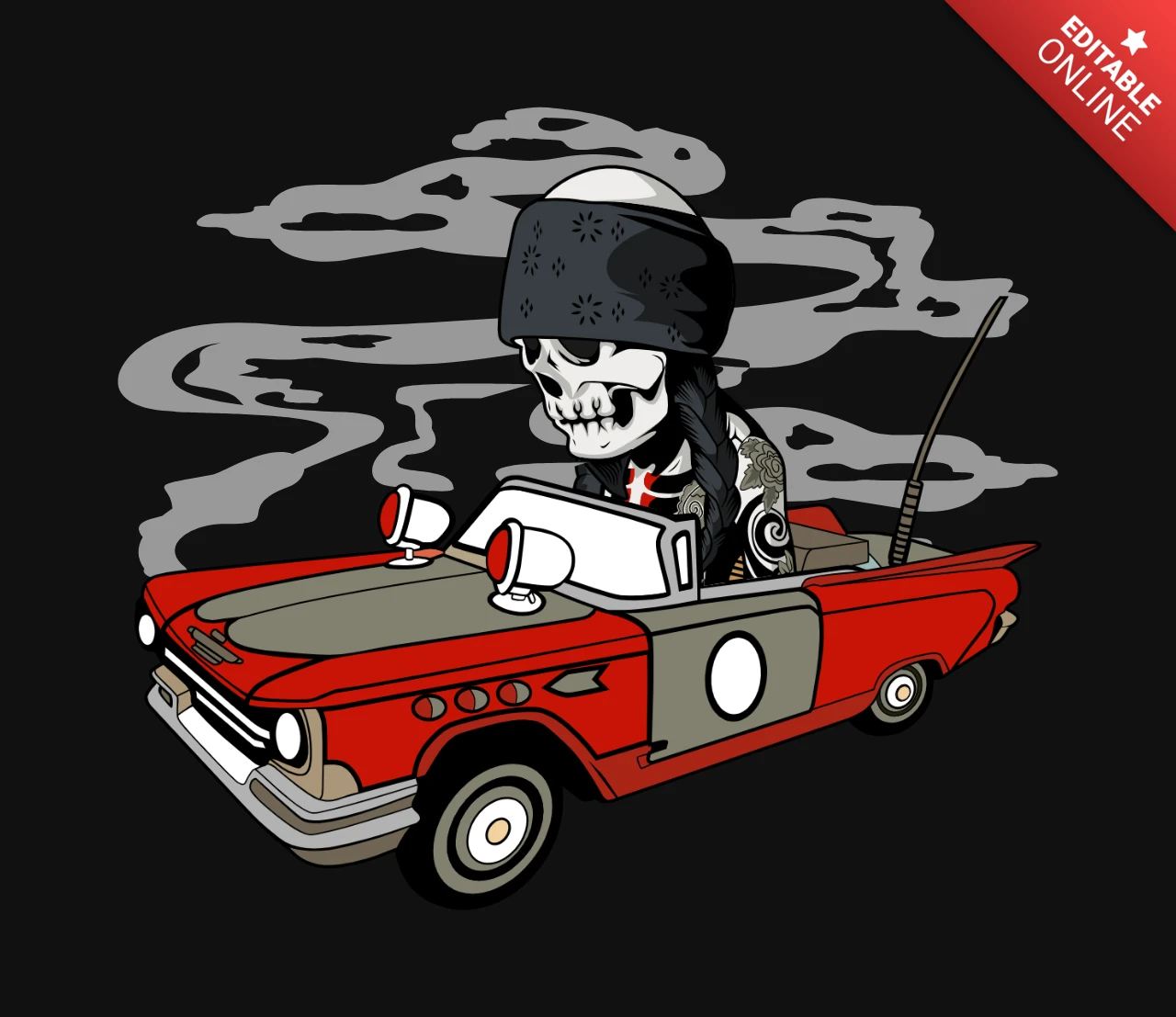 Vintage Skull Car Comic Caricature Pop Culture T-Shirt Design Template