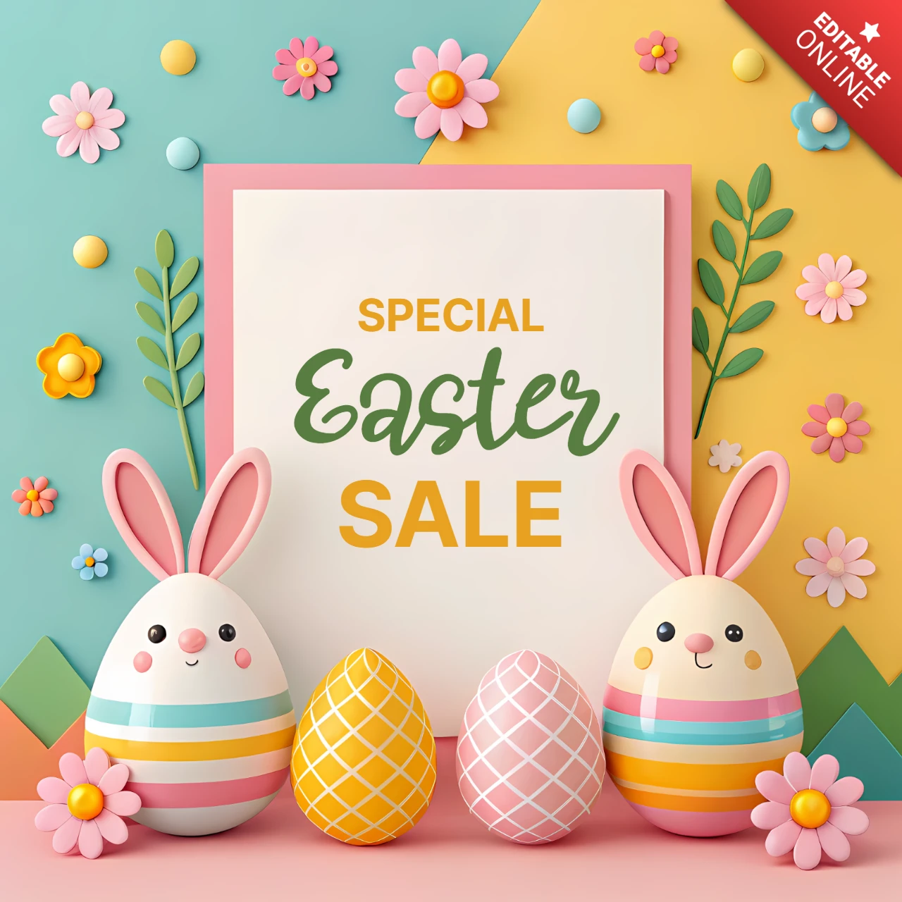Colorida plantilla de diseño de venta de Pascua con lindos gráficos de conejitos y huevos
