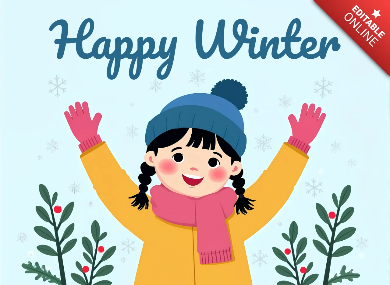 Fröhliche Winter-Designvorlage mit fröhlichem Kind und Schneeflocken für Feiertagsgrusskarten