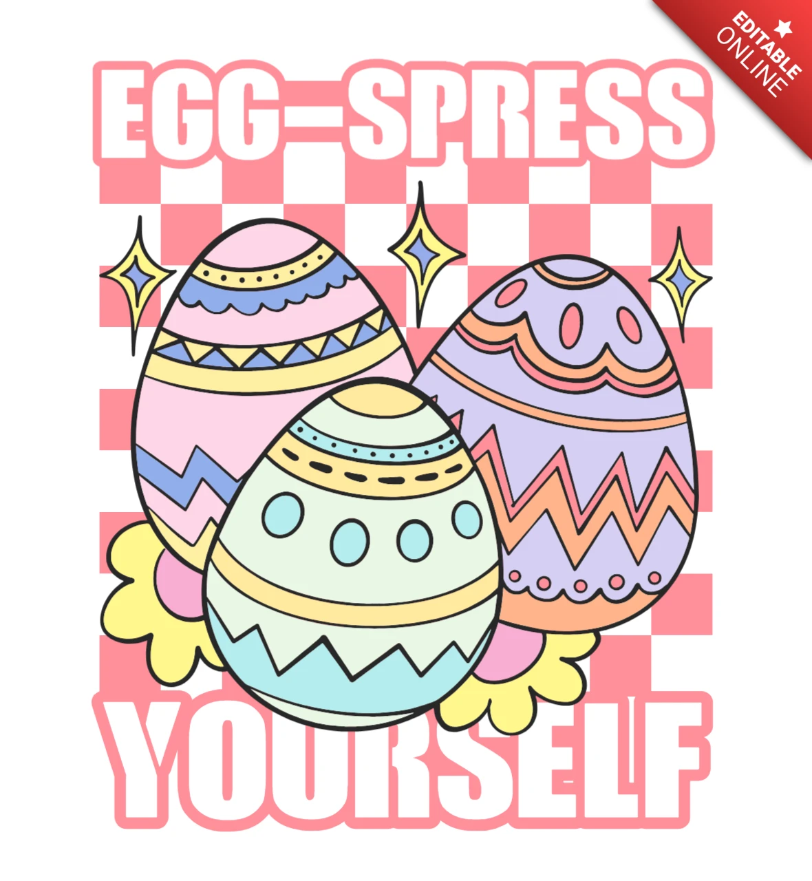 Eggspresse-se com um design de camiseta de ovo de Páscoa decorado com uma citação ousada e brilhos.