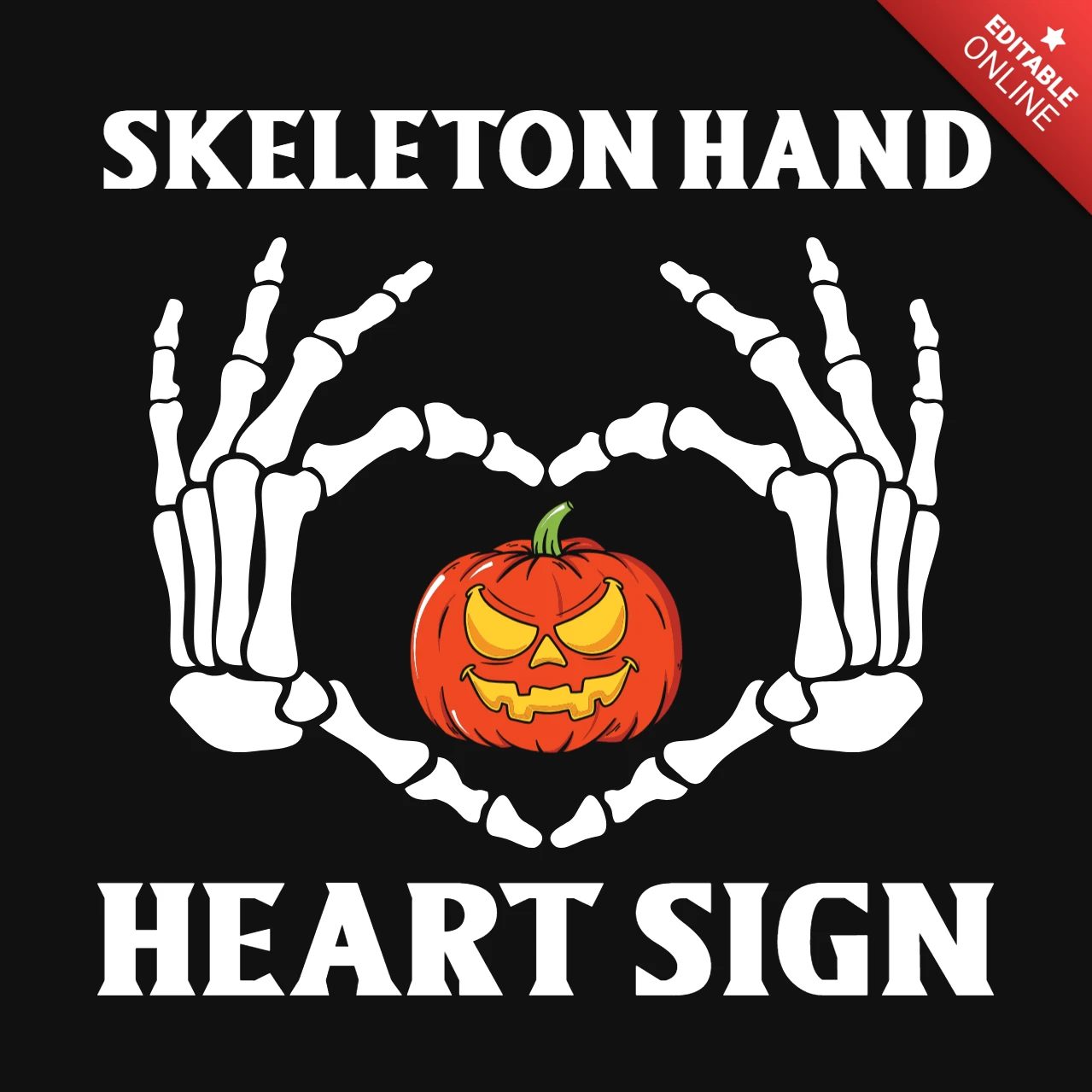Modelo de camiseta de halloween com sinal de coração e mão de esqueleto