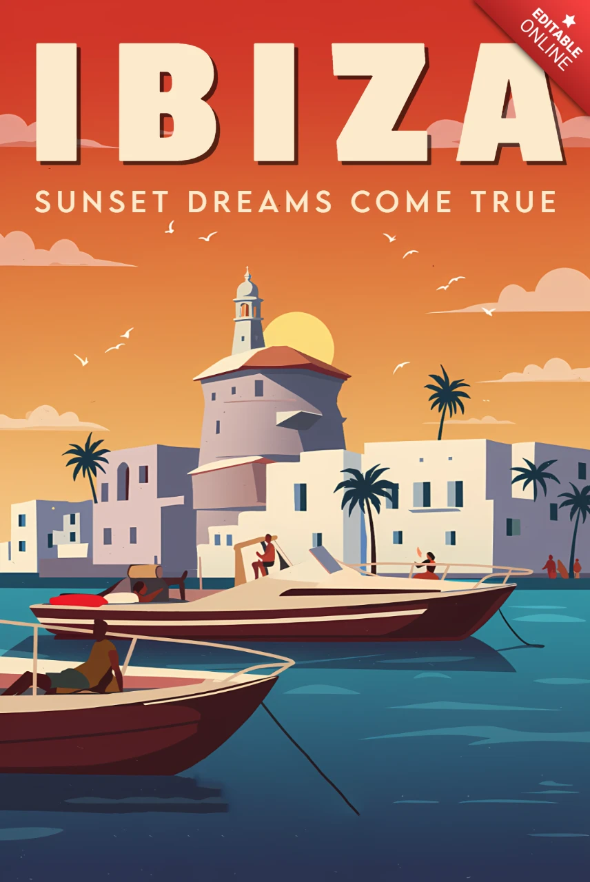 Retro Flat Ibiza Sunset Design Template for Travel Poster