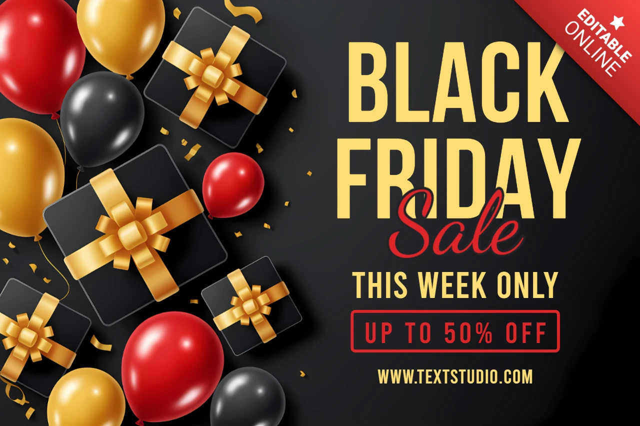 Design del template per la vendita del Black Friday con scatole regalo e palloncini per volantini promozionali