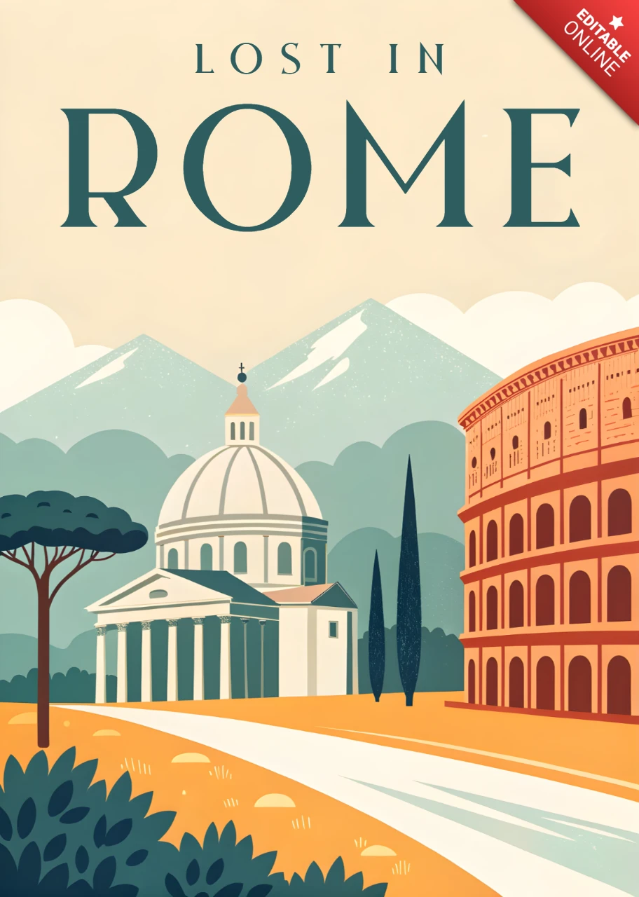 Template de design de viagem vintage apresentando marcos icônicos de Roma para pôsteres.