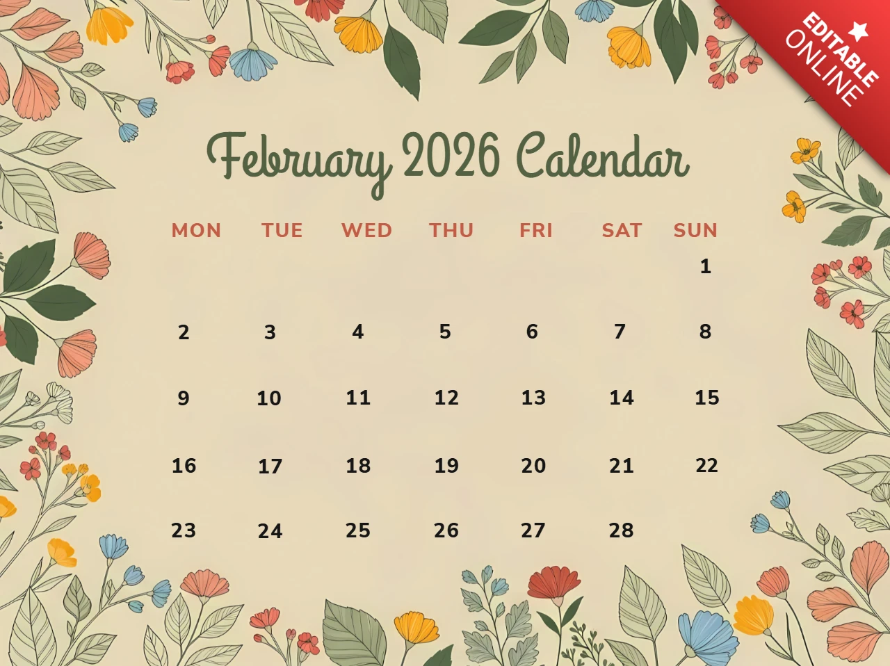 Blumendesign-Vorlage für den Kalender Februar 2026