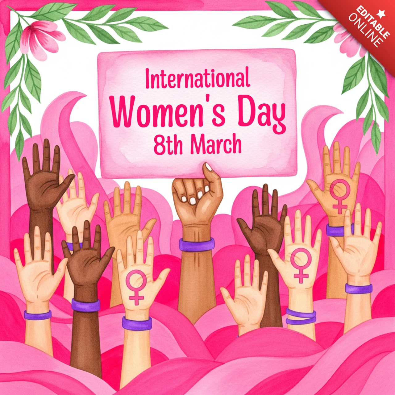 Modelo de cartaz do Dia Internacional da Mulher com mãos levantadas, motivos florais e fundo abstrato festivo.