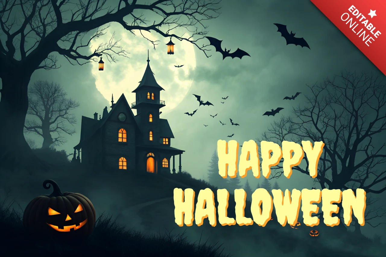 Spooky Halloween Design Template with Haunted House and Bats for Party Invitations
