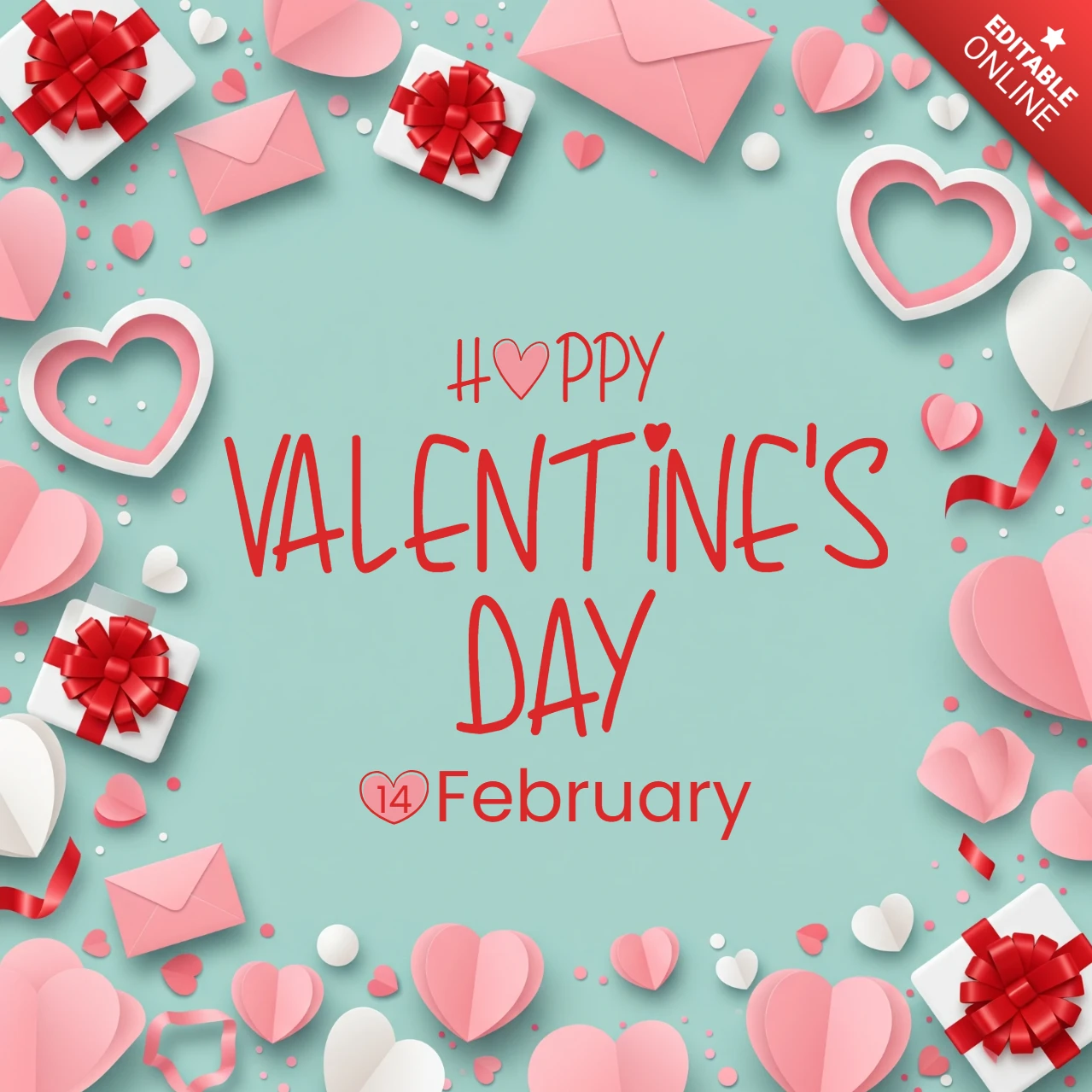 Tarjeta de saludo de San Valentín con un tema de amor juguetón, íconos de corazones y acentos de caja de regalo.