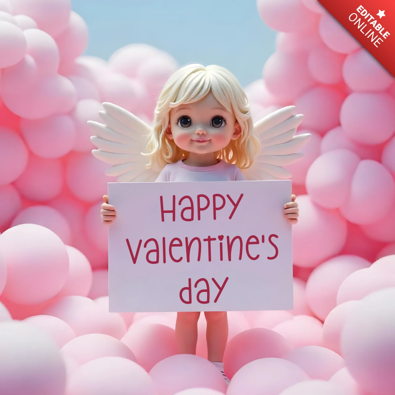 Texto editable en un cartel sostenido por adorable ángel para tarjeta de felicitación de San Valentín