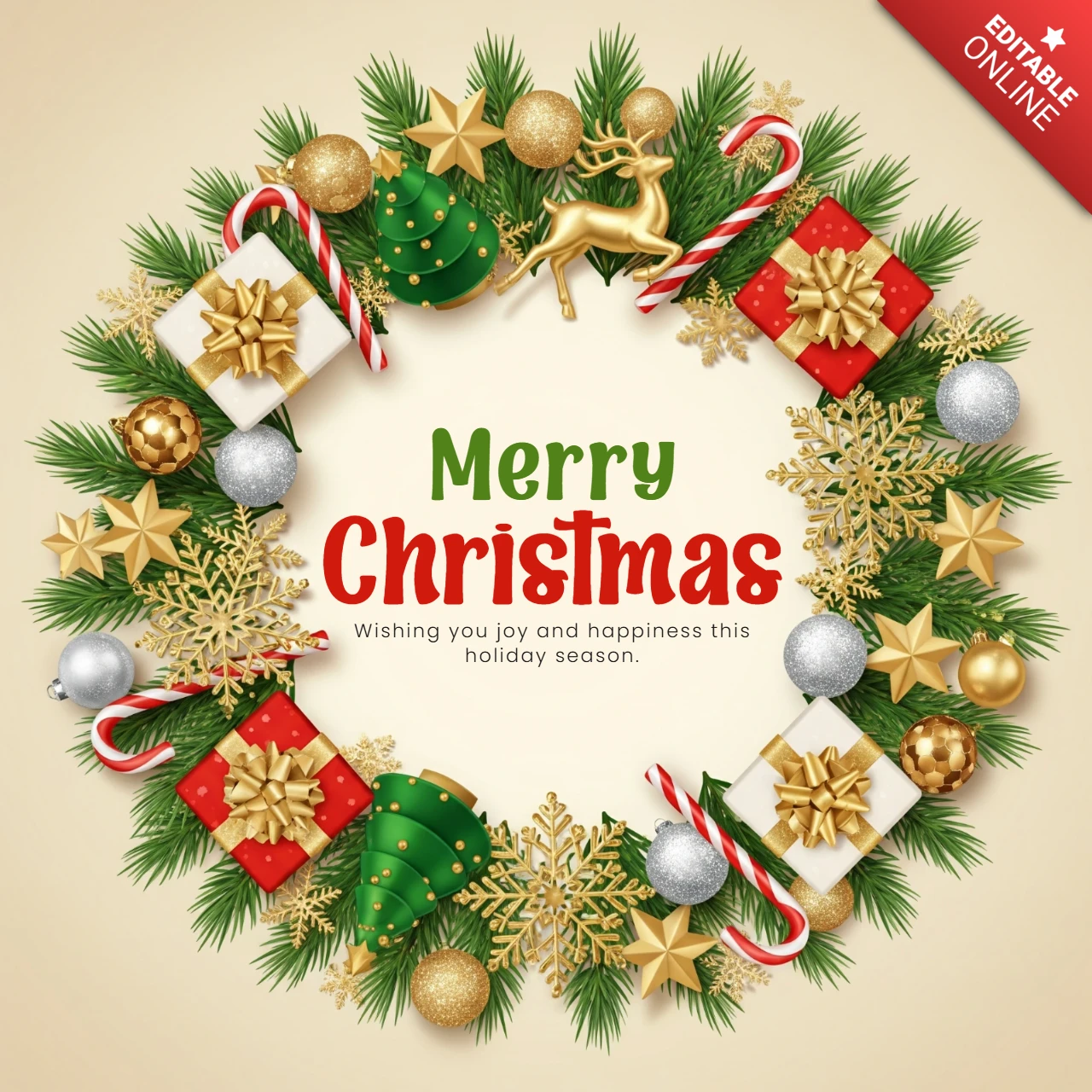 Christmas Card Design Wreath with Glittery Ornaments and Reindeer Framing Wishing You Joy and Happiness Greeting Template