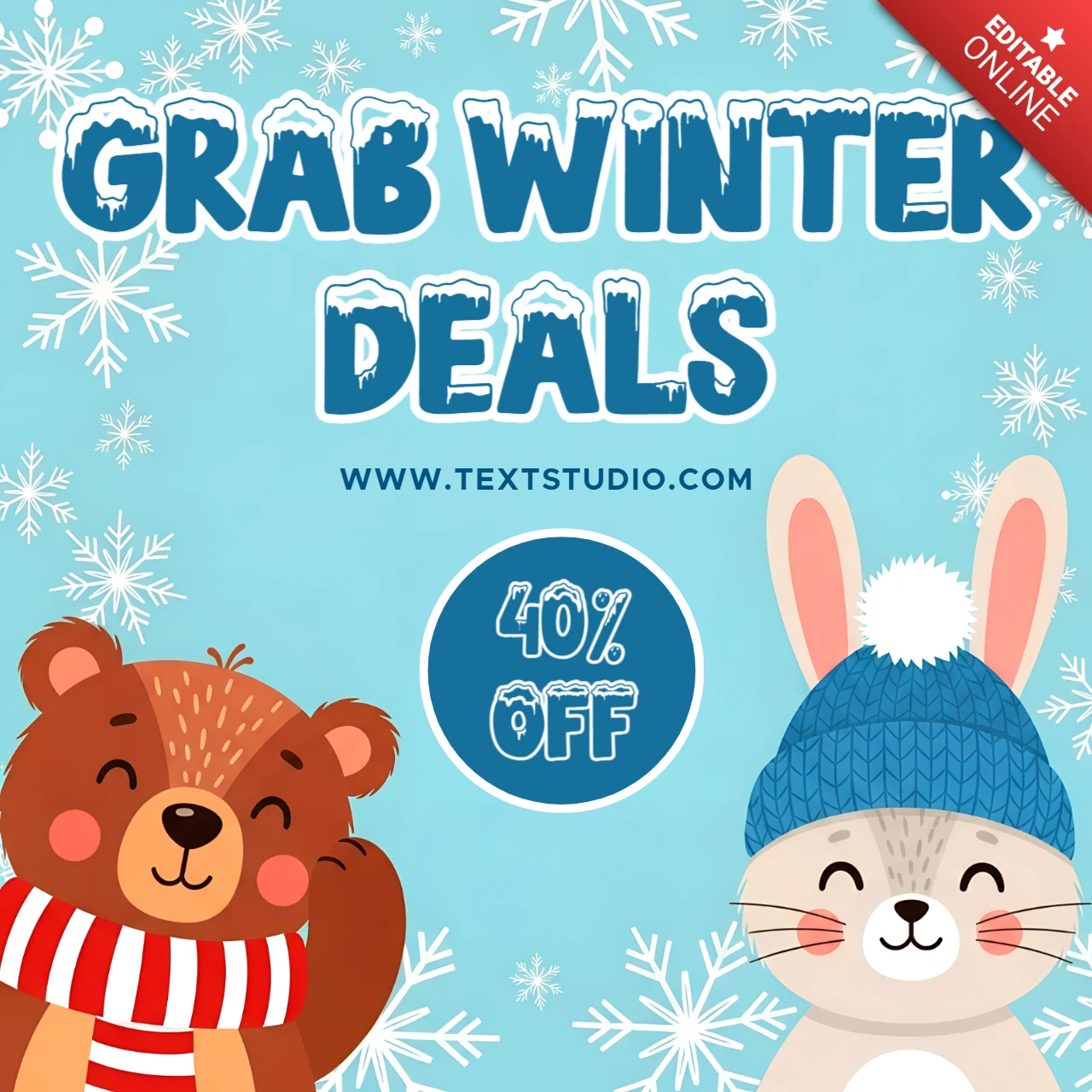 Plantilla promocional de ofertas de invierno con adorables personajes de animales para el diseño de volantes.