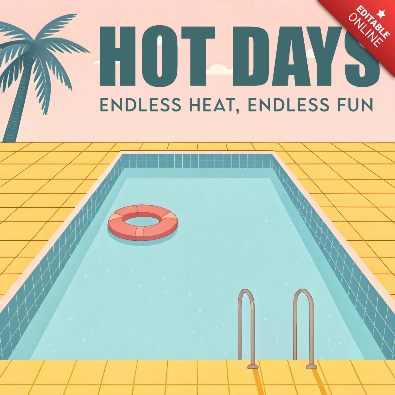 Summer Pool Party Design Template with Palm Tree and Floating Ring