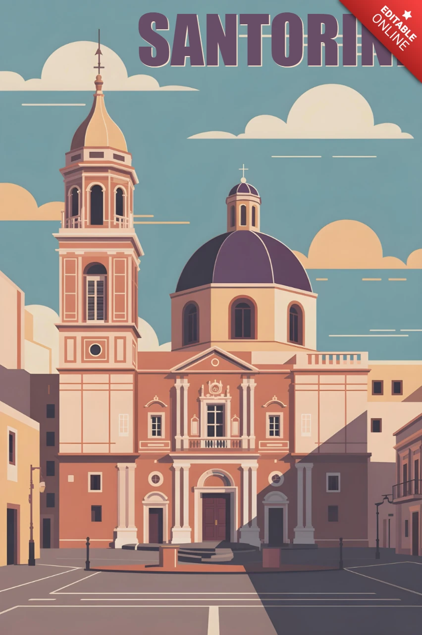 Grand Chapel with Dome, Bell Tower & Classical Architecture Santorini Travel Posters Design Template
