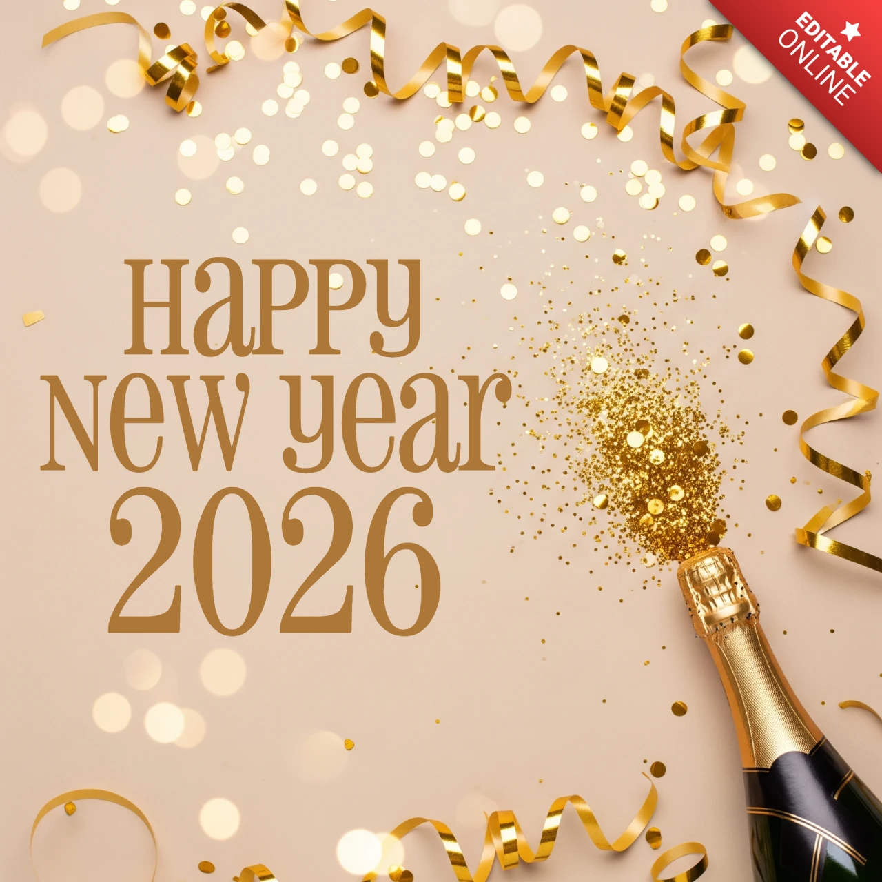 Elegant New Year Card 2026 Template with Gold Sparkle, Confetti, and Celebration Flair