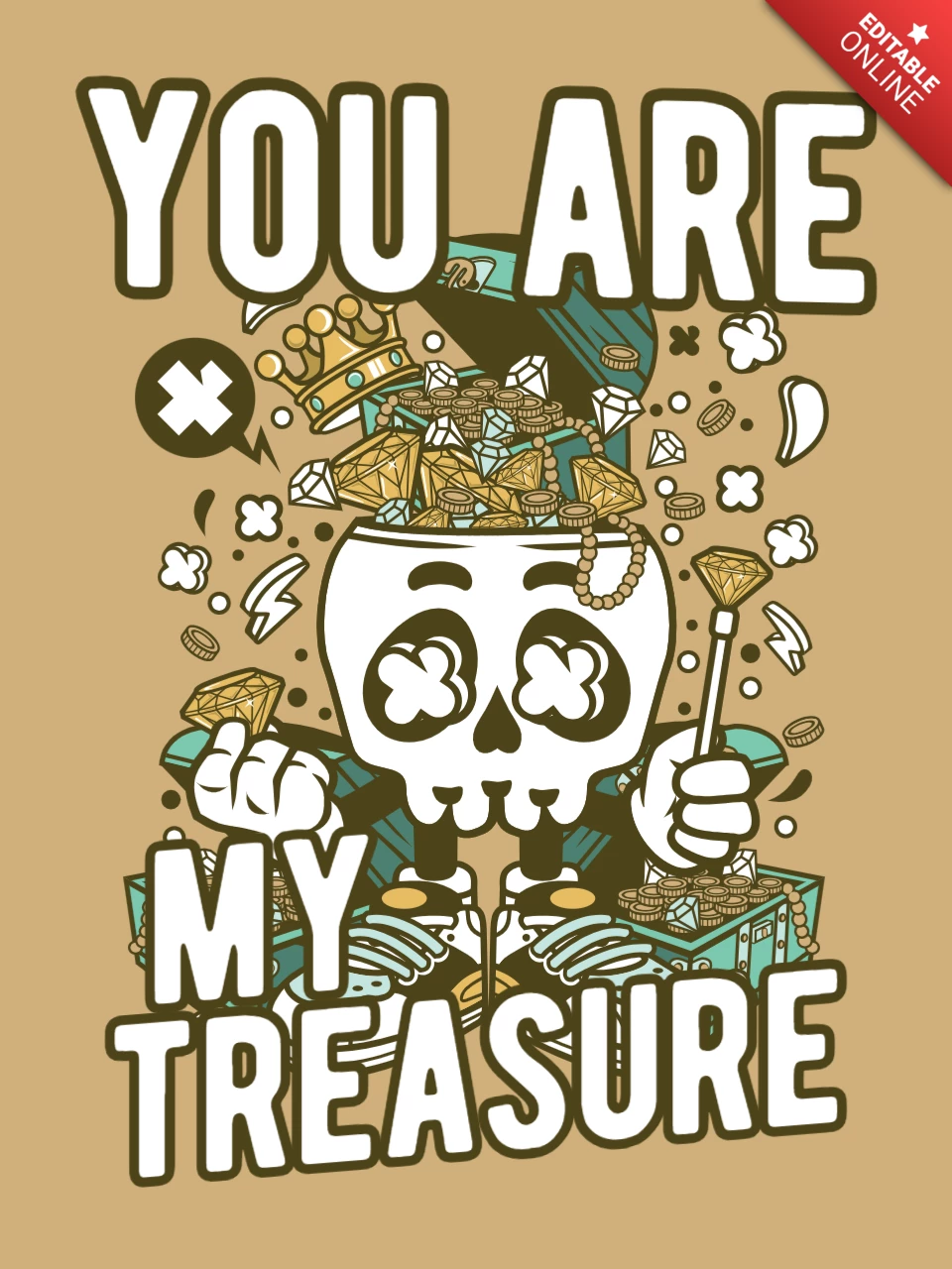 Treasure Skull Cartoon T-Shirt Design Template