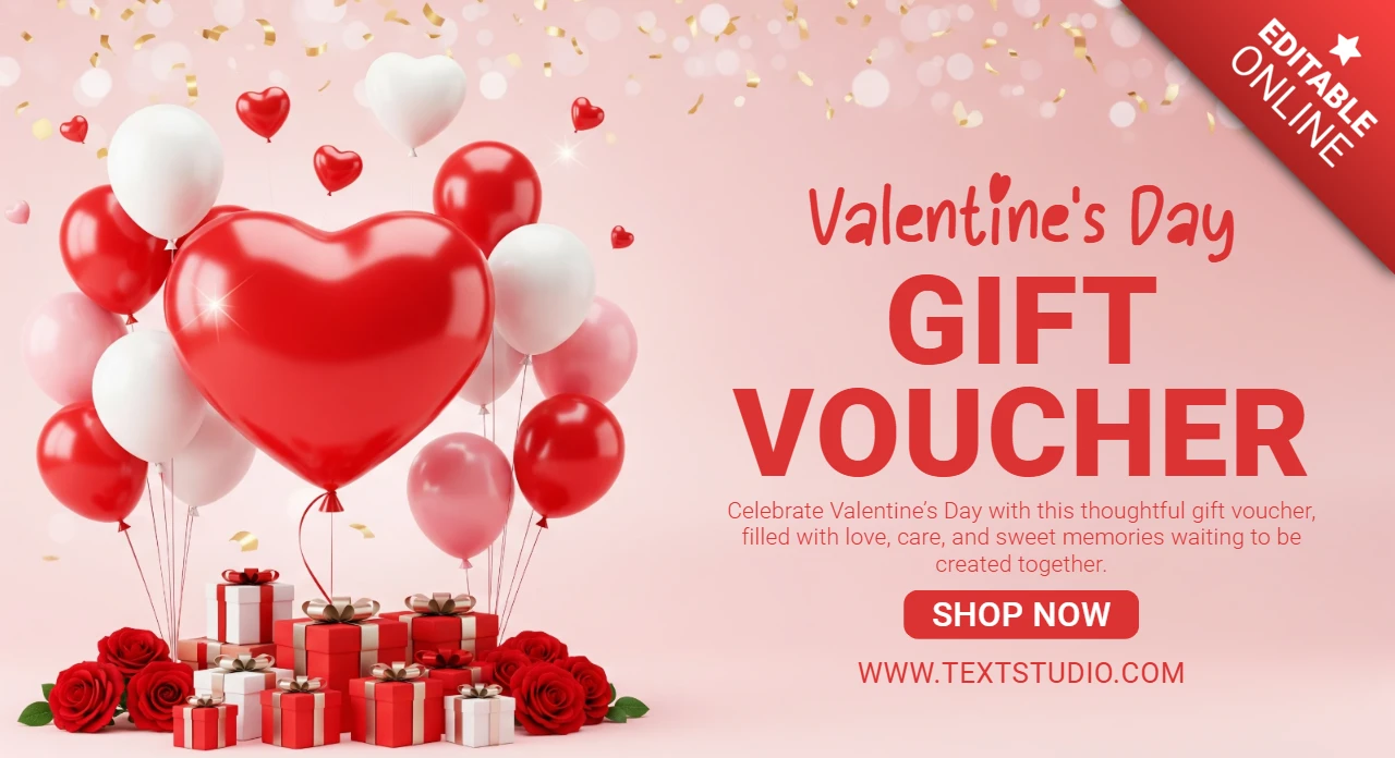 Valentine’s Day Gift Voucher Template Featuring Festive Balloons, Roses, and Gift Boxes for Promotions