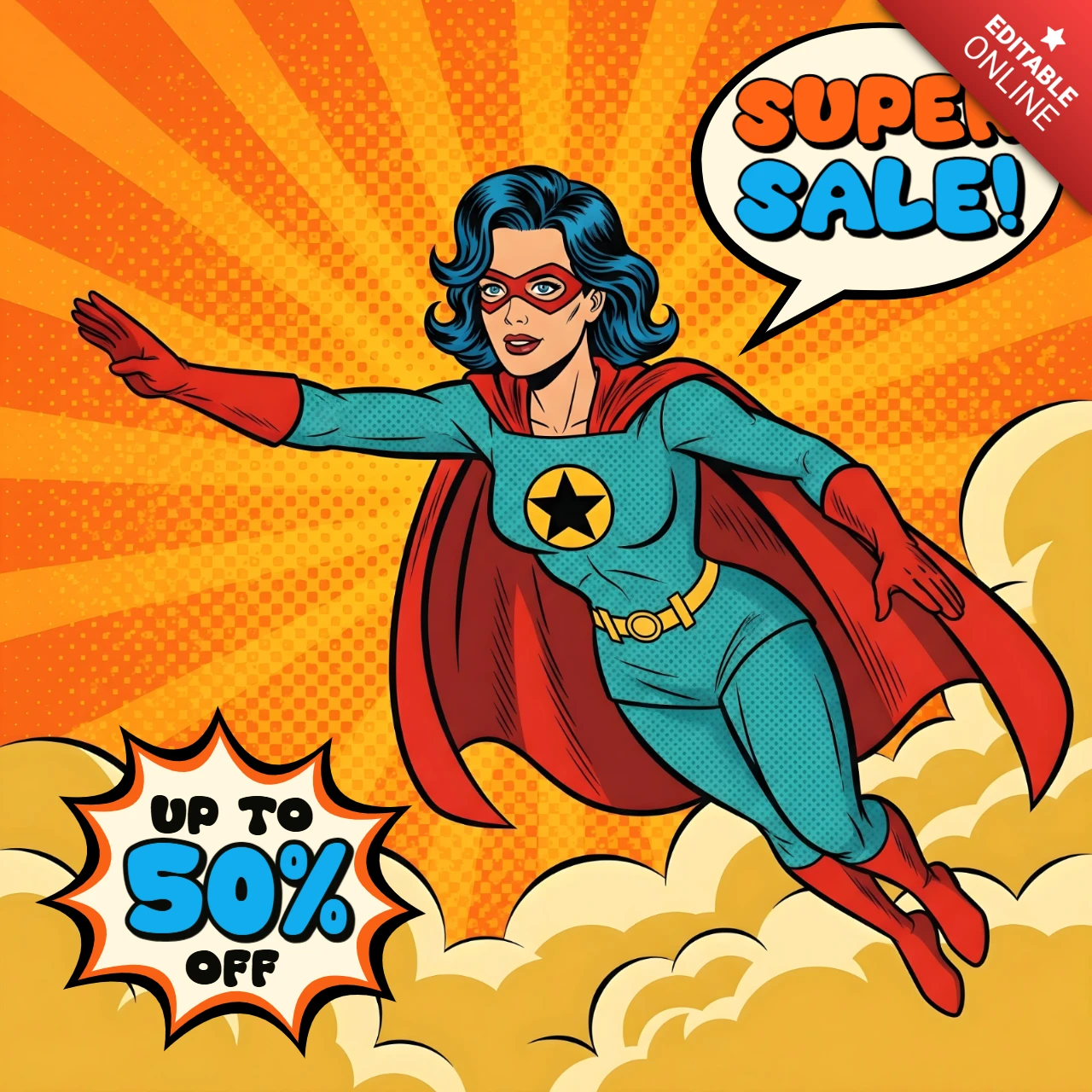 Comic-Superhelden-Verkauf fliegende Heldin mit rotem Umhang & Rabatt-Explosion Designvorlage für Werbeflyer