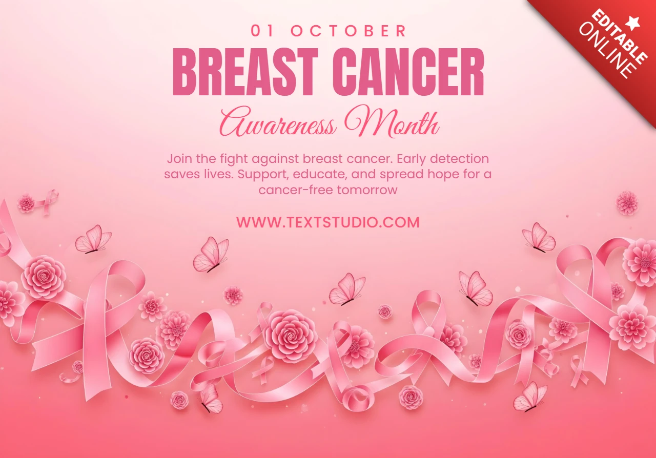 Pink October Early Detection Breast Cancer Awareness Poster with Flowers & Sparkles Banner Design Template