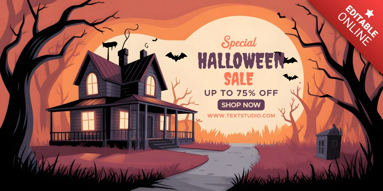 Spooky Halloween Discount Forest Scene, Flying Bats & Bold October Offer Facebook Cover Design Template