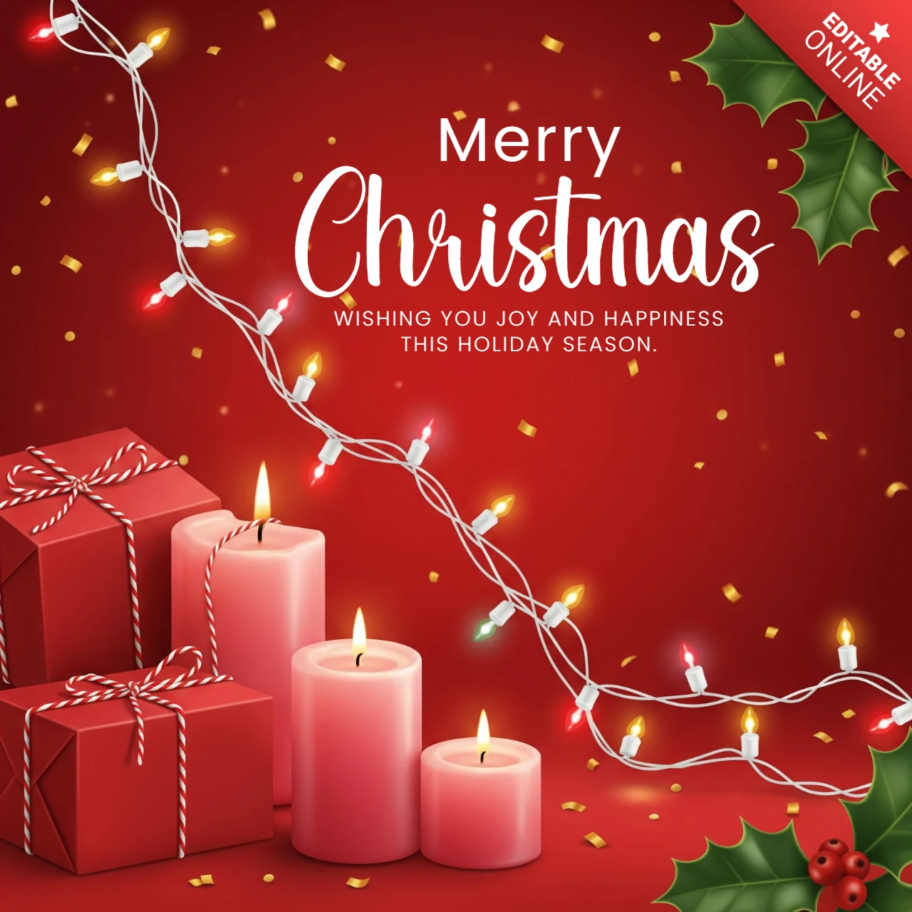 Kerstgroet kaart met gloeiende kaarsen en slingers met cadeaus die een vrolijke feestboodschap omlijsten op een rode achtergrond ontwerp sjabloon