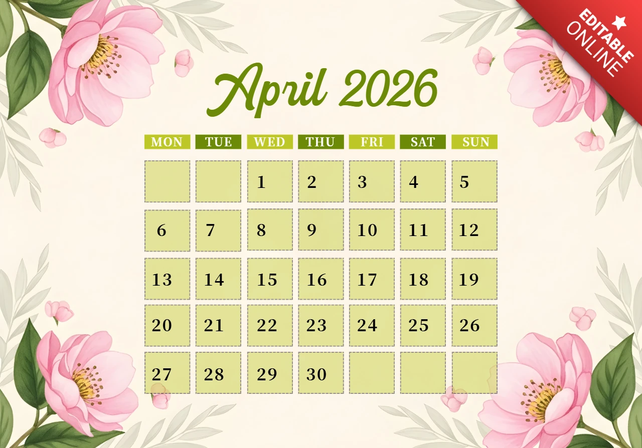 Nisan 2026 takvim posteri — çiçekli köşeler, yeşil yapraklar ve neşeli mevsim tasarımı