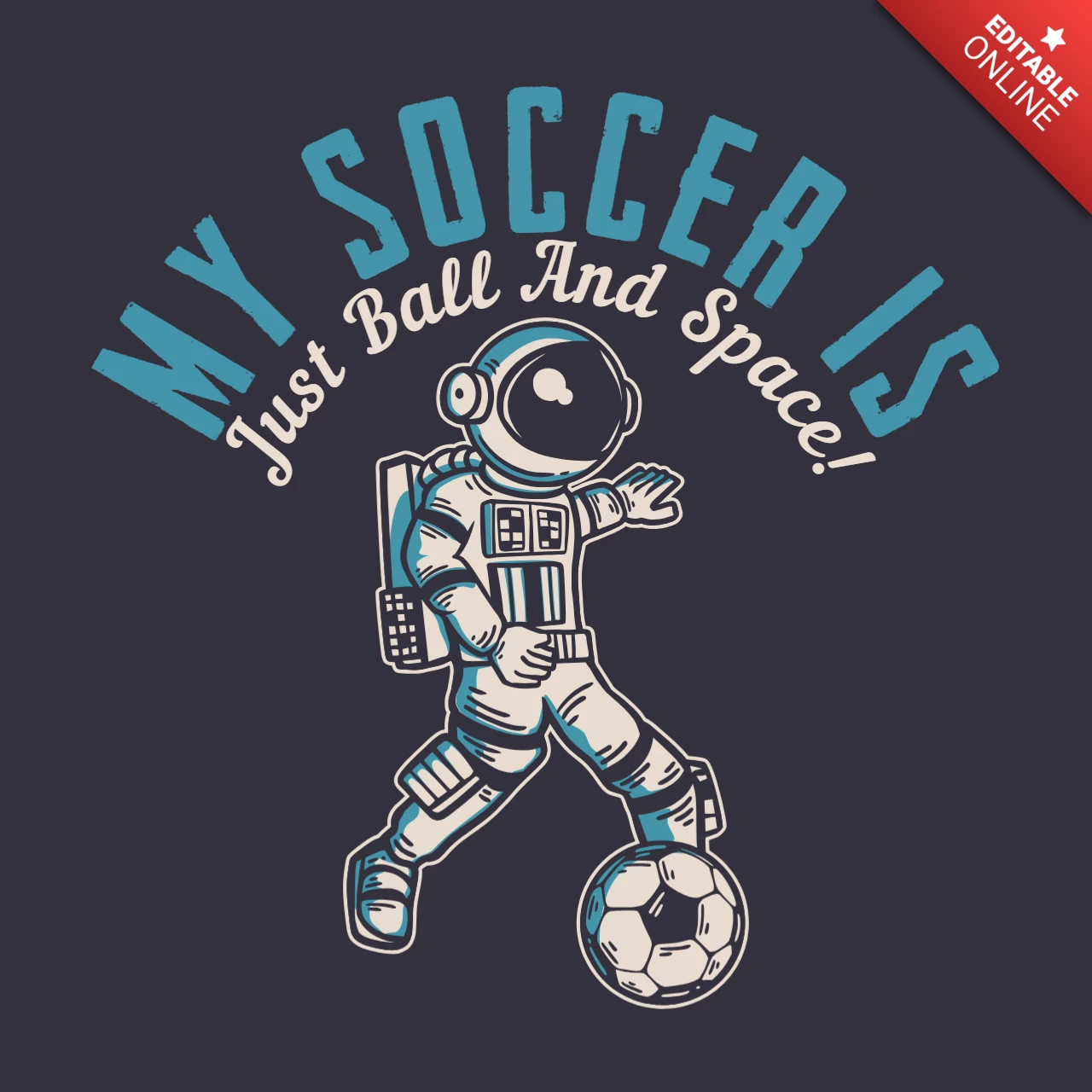 宇宙飛行士がサッカーをするヴィンテージ T シャツのデザイン テンプレート