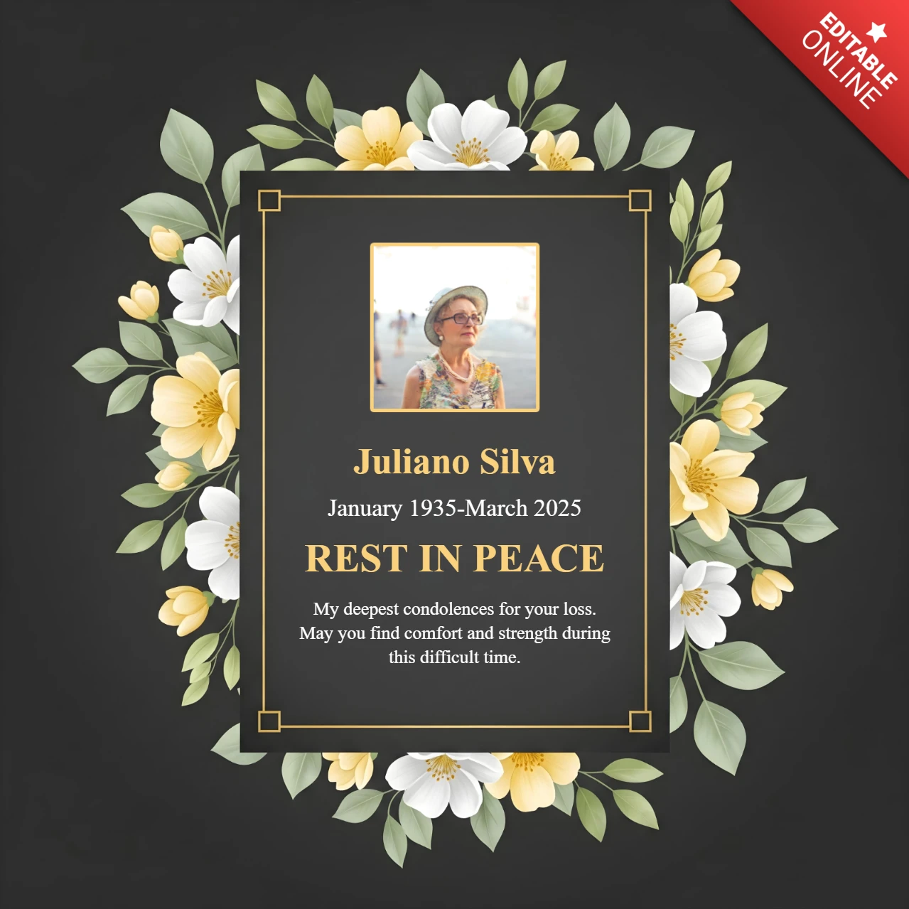 Memorial Poster Circular Photo Tribute with White & Yellow Floral Frame, Rest in Peace Keepsake Design Template