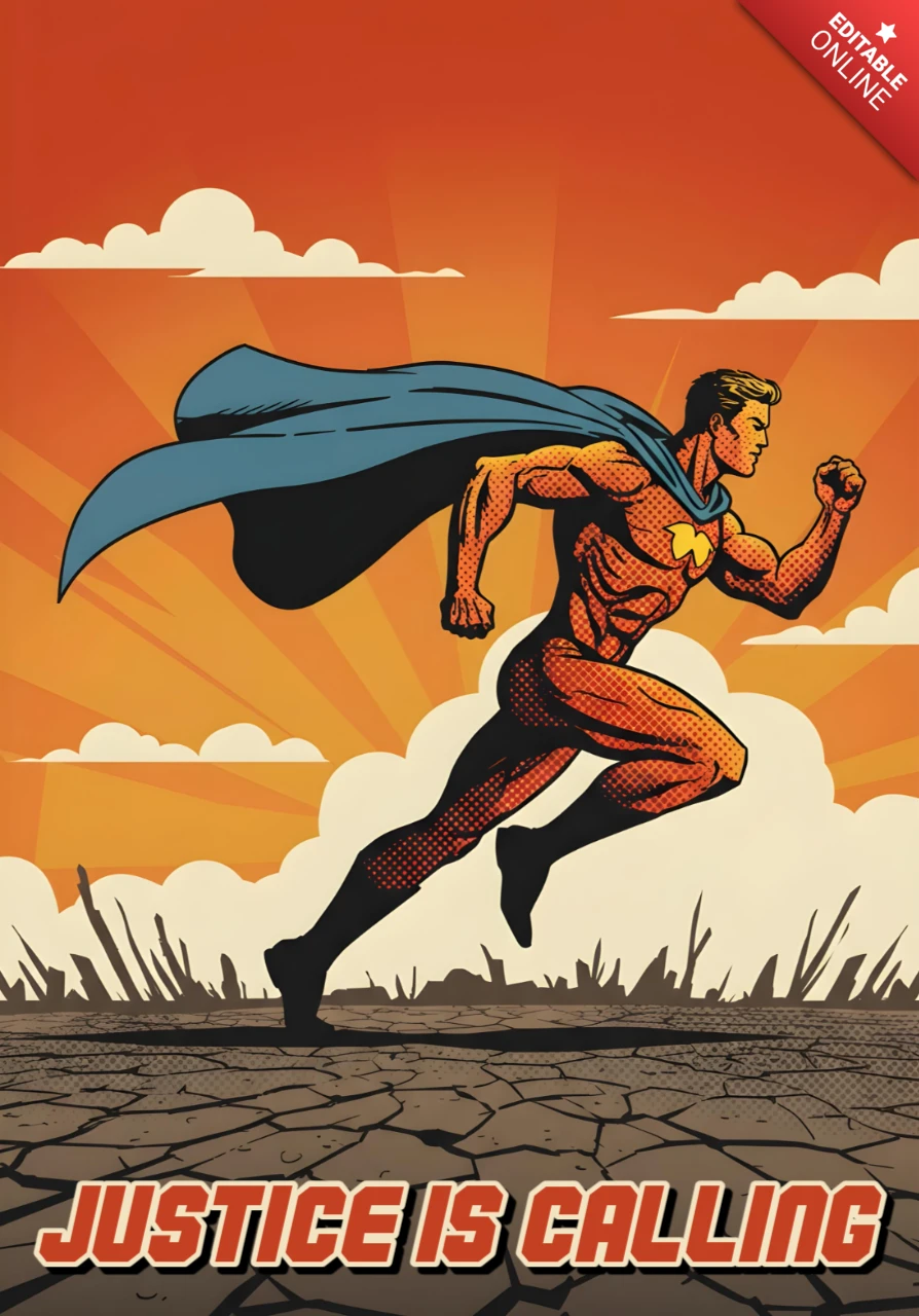 Justice Is Calling Superhero Running in Post-Apocalyptic Sunset Scene Poster Design Template
