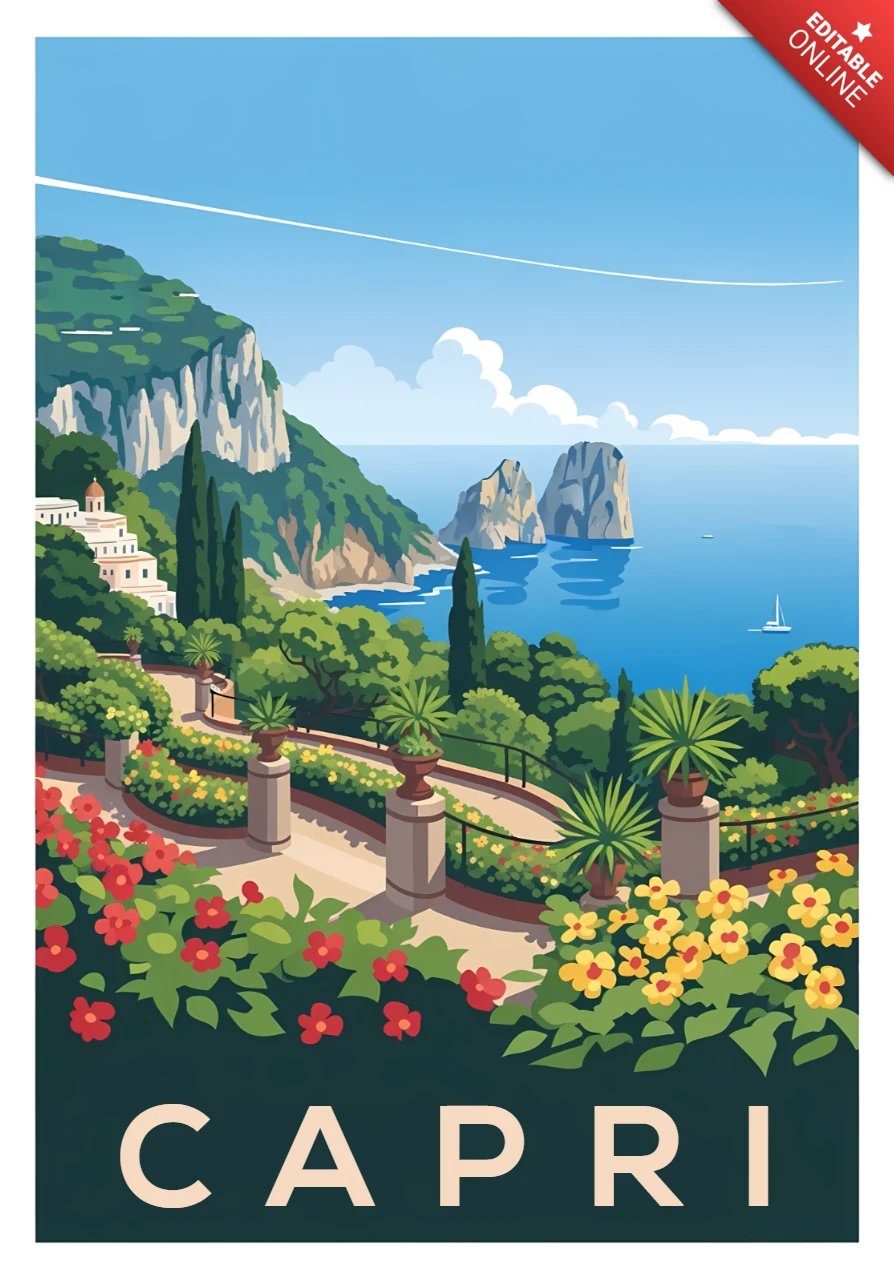 Capri reisposter ontwerpsjabloon met een schilderachtig uitzicht op de kust en bloemen