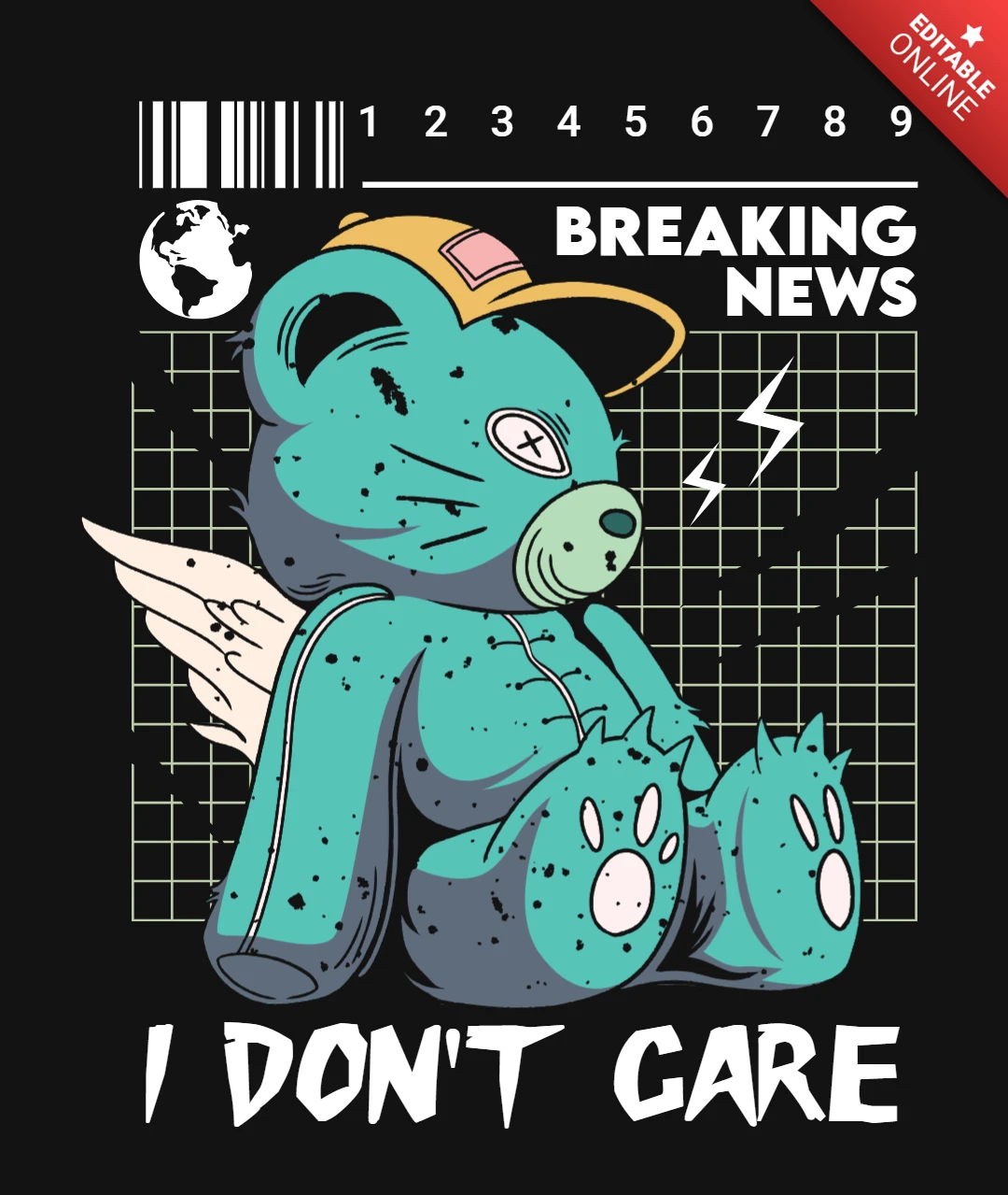 I Don’t Care Graphic Blue Teddy with Wings, Lightning Grid & News Headline T-Shirt Design Template