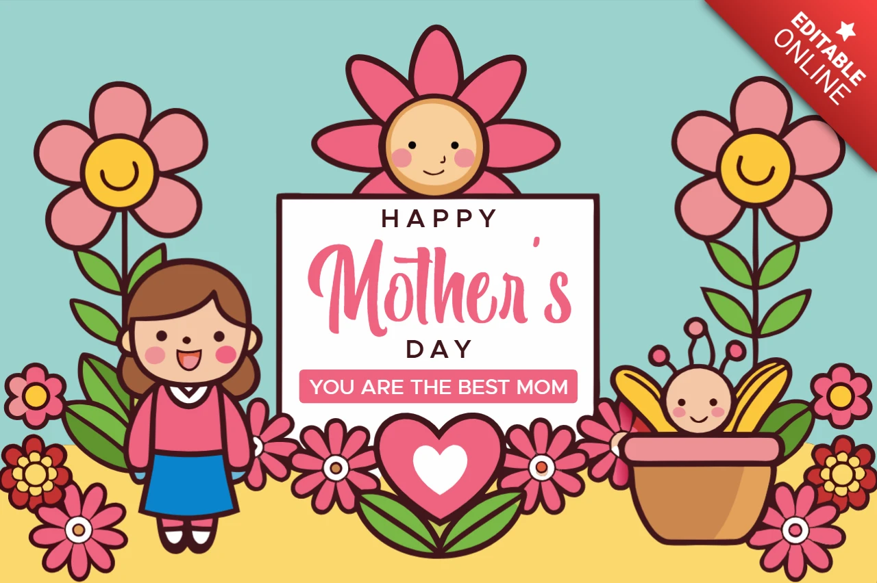 Whimsical Mother's Day Design Template with Cute Characters and Floral Elements
