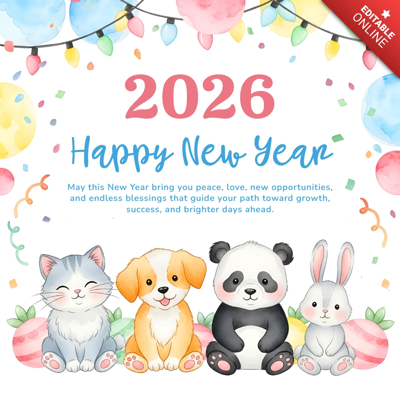 Happy New Year Design Template with Cute Animals for Greeting Card